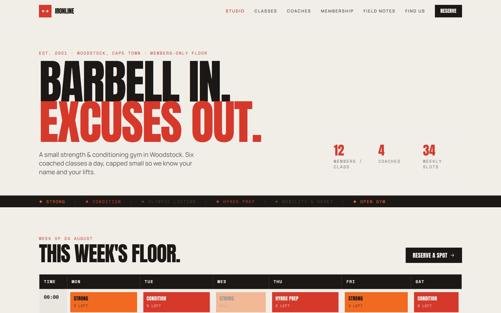 Screenshot of the Ironline Strength & Conditioning concept site